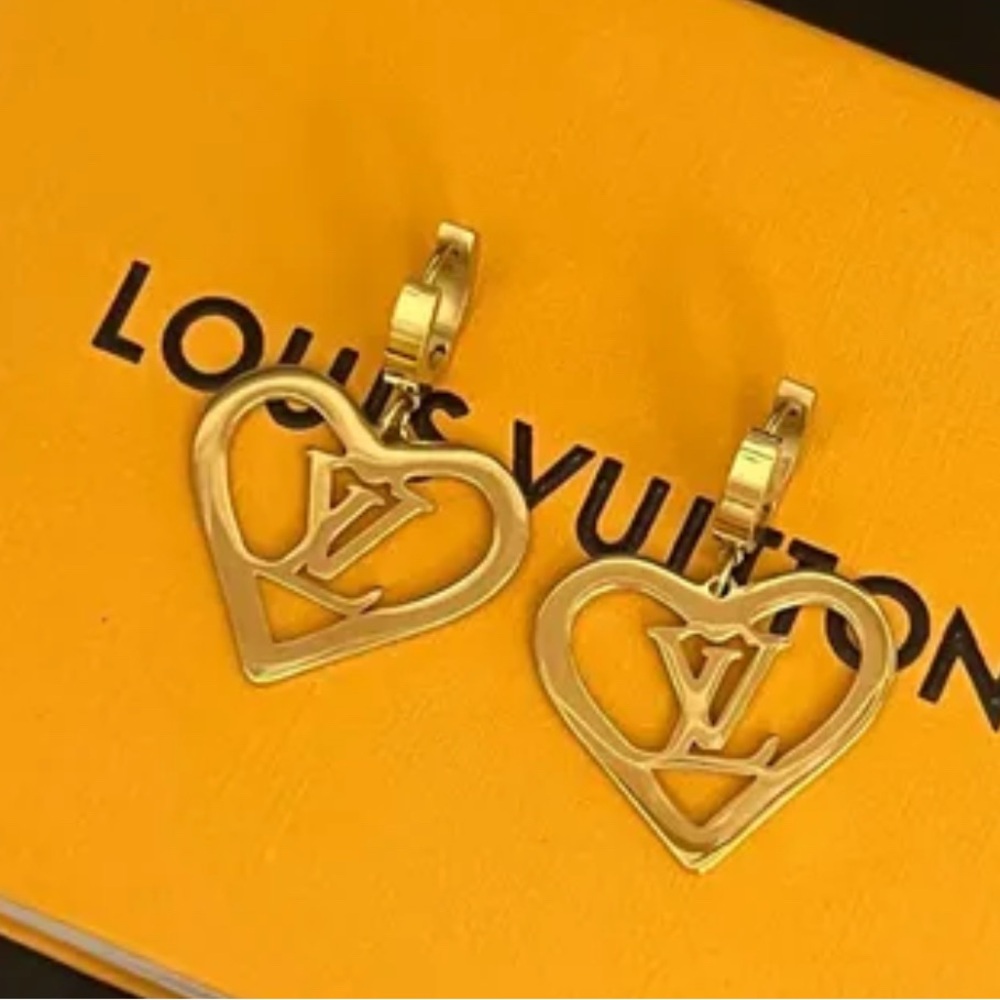 Gold Plated Open-Heart LV Drop Hoop Earrings